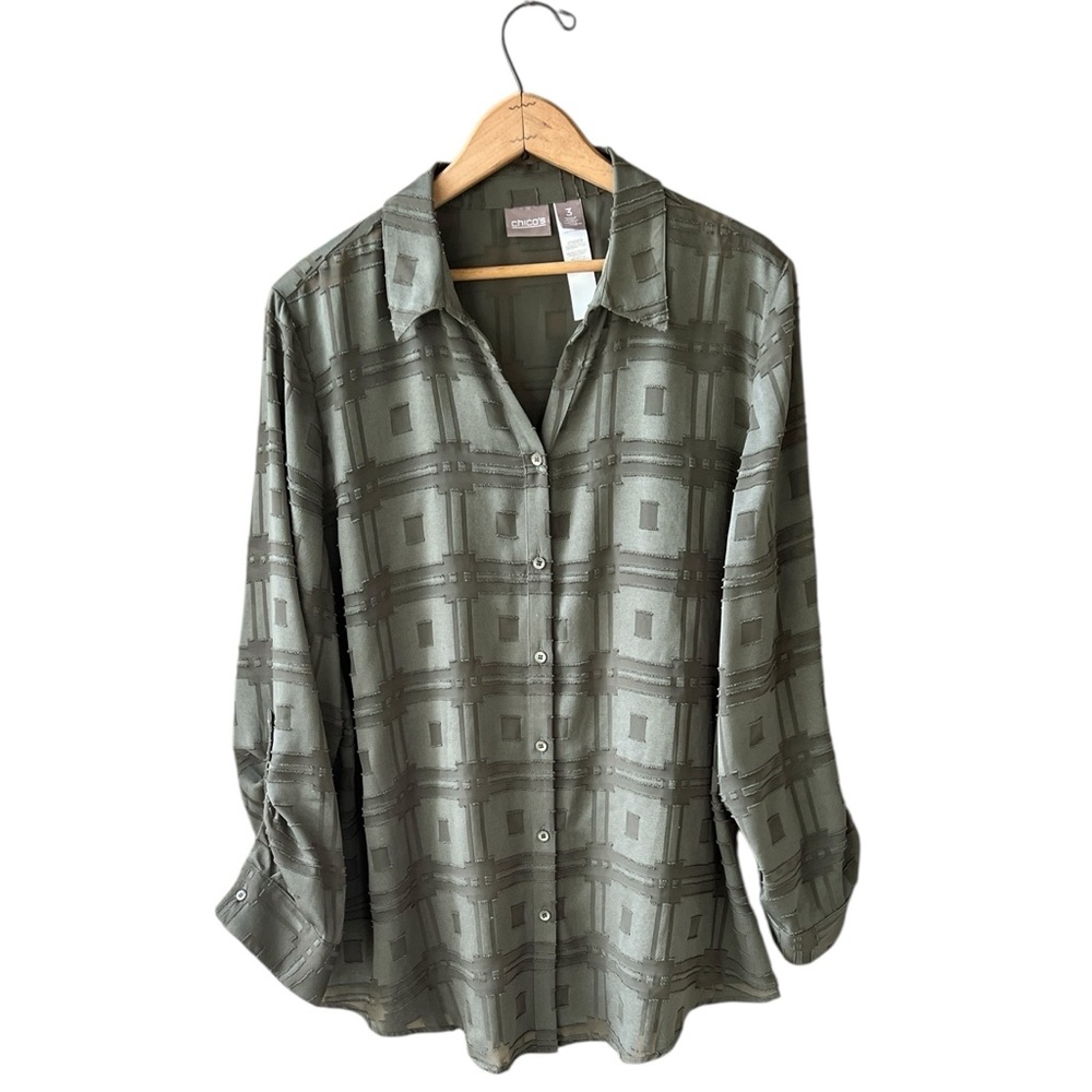 Chico’s XL Army Green Textured Geometric Semi Sheer Button Down Blouse